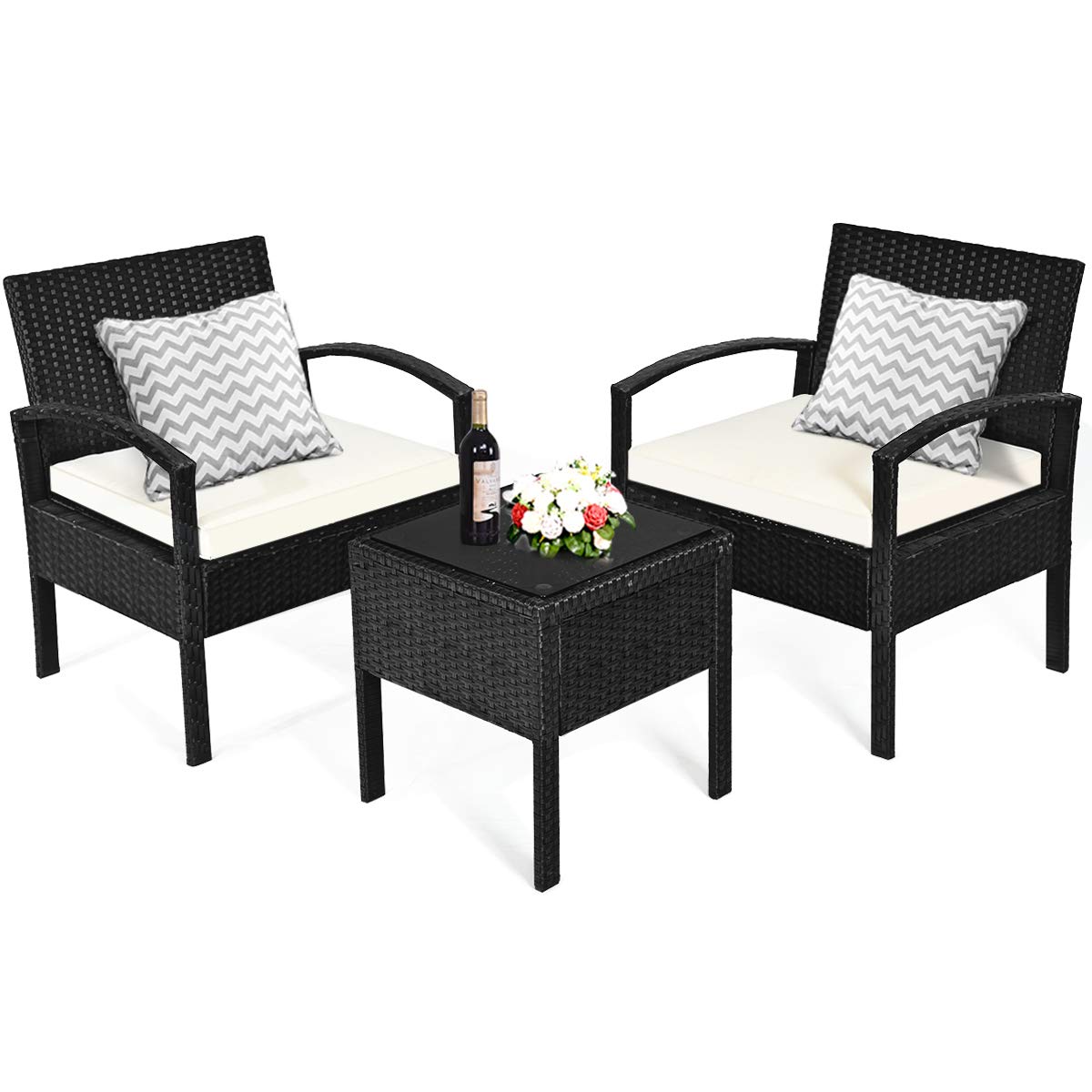 Tangkula 3 Piece Patio Conversation Set, Outdoor Rattan Sofa Set with White Seat Cushions & Coffee Table